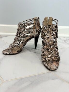 Vince Camuto Braided Snake-Print High Heel Sandals in Taupe Beige